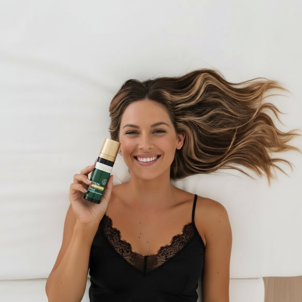 Aus der Vogelperspektive ist eine fröhlich lächelnde Frau zu sehen, die auf einer weißen Fläche liegt und ihr langes, gewelltes Haar über dem Kopf ausgebreitet hat. Sie trägt ein schwarzes Spitzentop und hält eine Flasche mit einem Pflegeprodukt in die Kamera.