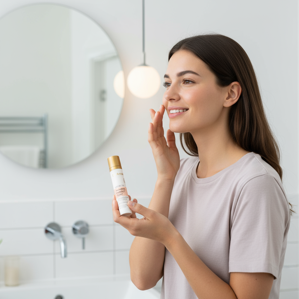 Eine lächelnde junge Frau mit langen braunen Haaren steht in einem modernen, hellen Badezimmer und trägt ein Hautpflegeprodukt auf ihre Wange auf. In der anderen Hand hält sie die weiß-goldene Produktflasche, während sie zufrieden in den Spiegel blickt.