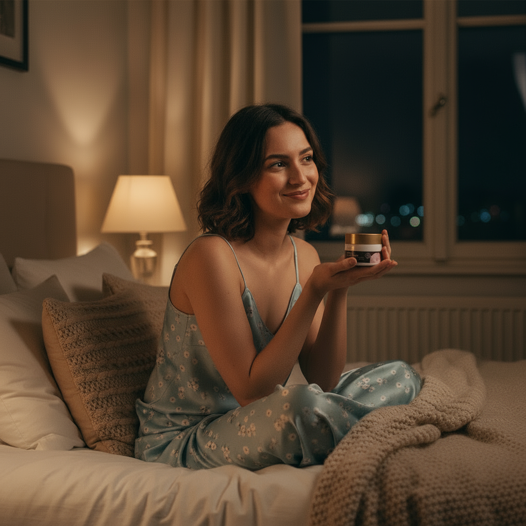 Eine junge Frau in einem seidenen Pyjama sitzt abends gemütlich auf ihrem Bett und hält einen Tiegel mit Nachtcreme in den Händen. Sie lächelt zufrieden, während das warme Licht einer Nachttischlampe den Raum erhellt und durch das Fenster die Lichter der Stadt zu sehen sind.