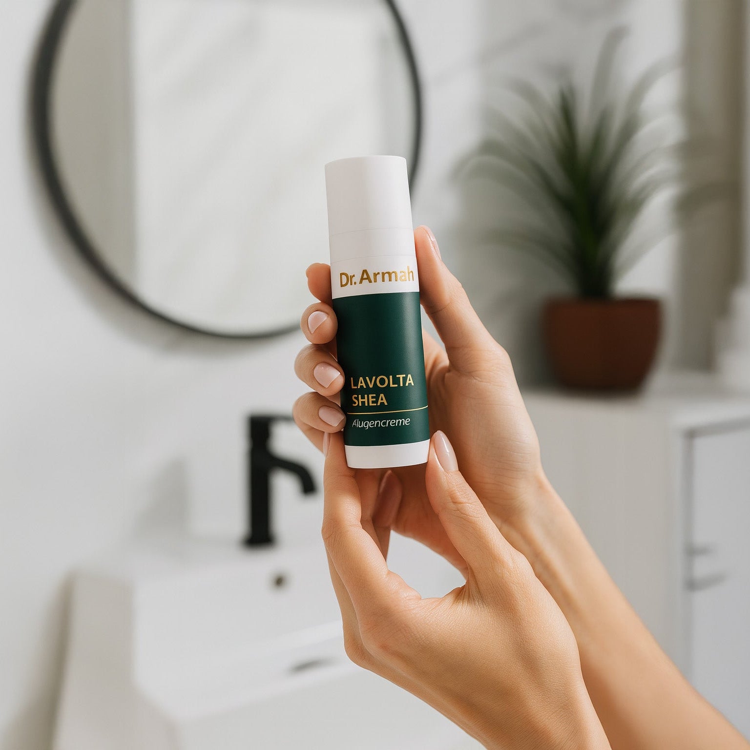 Die gepflegten Hände einer Frau halten eine Flasche der "Dr. Armah LAVOLTA SHÉA Augencreme" im Fokus. Im unscharfen Hintergrund ist ein stilvolles, modernes Badezimmer mit einem runden Spiegel und einer Pflanze zu erkennen.