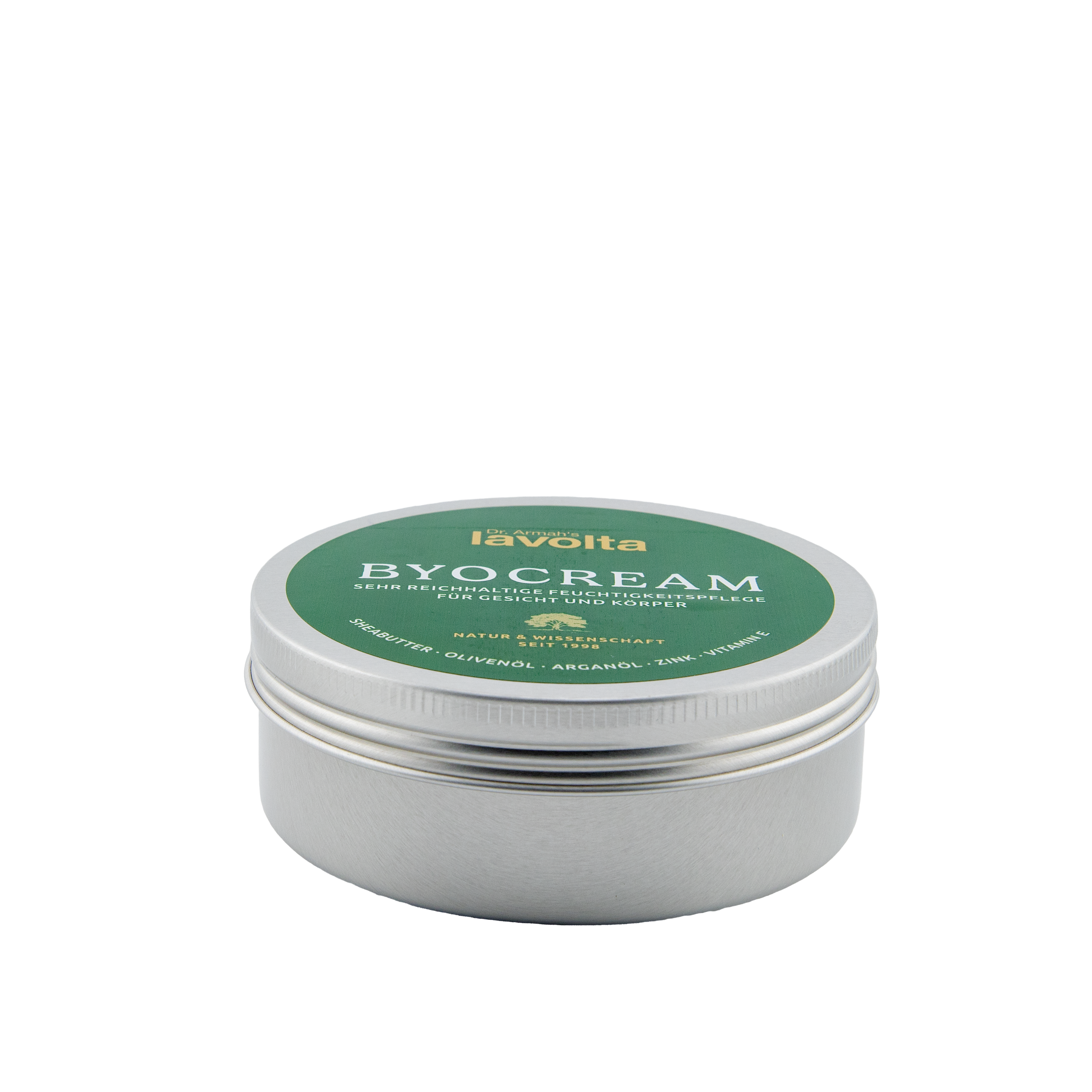 Ein professionelles Produktfoto eines geschlossenen Aluminiumtiegels der "lavolta BYOCREAM" vor einem neutralen, hellgrauen Hintergrund.