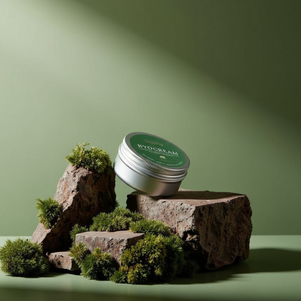 Ein stilvolles Arrangement des "lavolta BYOCREAM"-Tiegels, der auf rustikalen, moosbewachsenen Steinen vor einem salbeigrünen Hintergrund platziert ist, was die Natürlichkeit des Produkts unterstreicht.