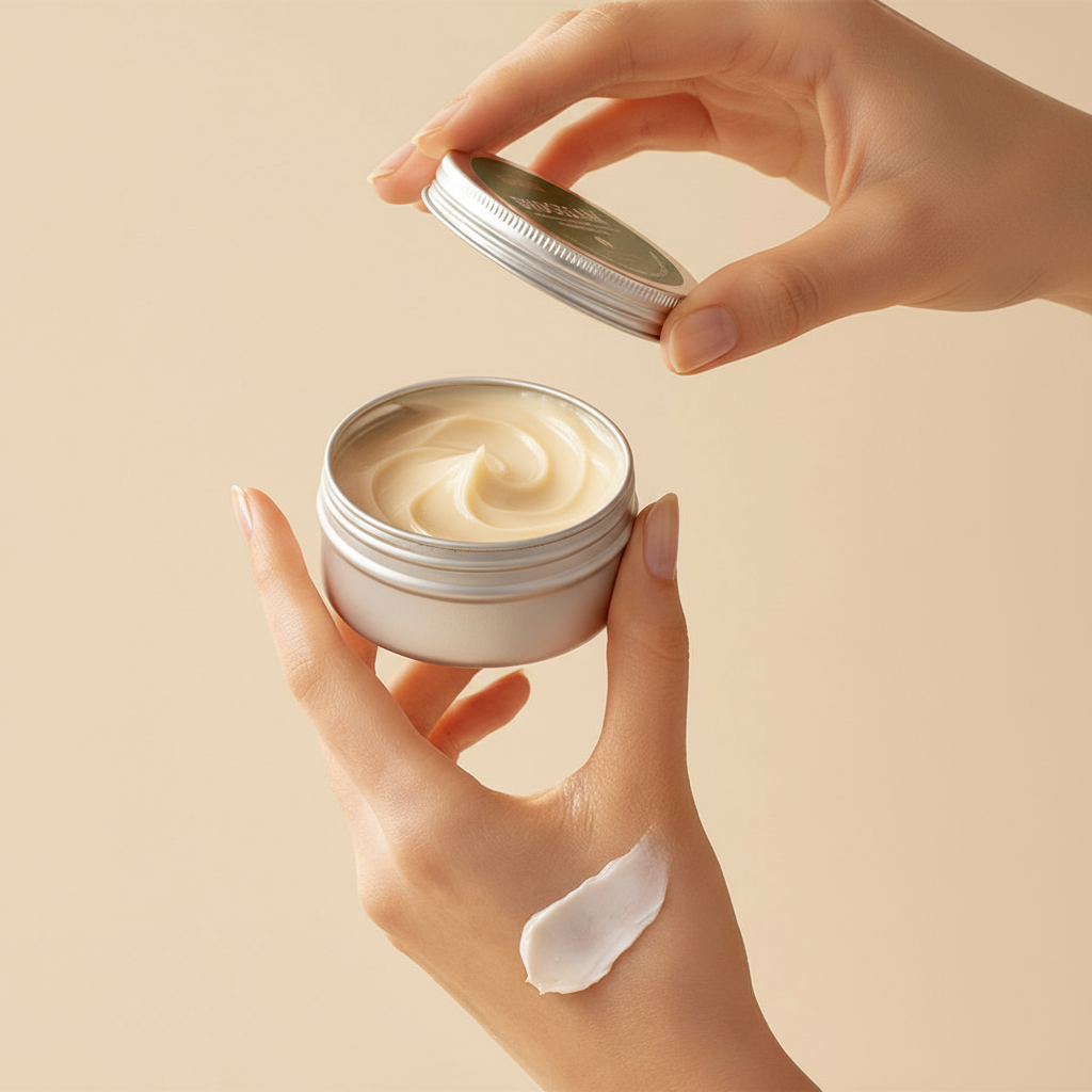 Die Hände einer Person öffnen einen Tiegel der "BYOCREAM" und enthüllen die cremige Textur im Inneren. Auf dem Handrücken ist bereits eine kleine Menge der Creme verstrichen.
