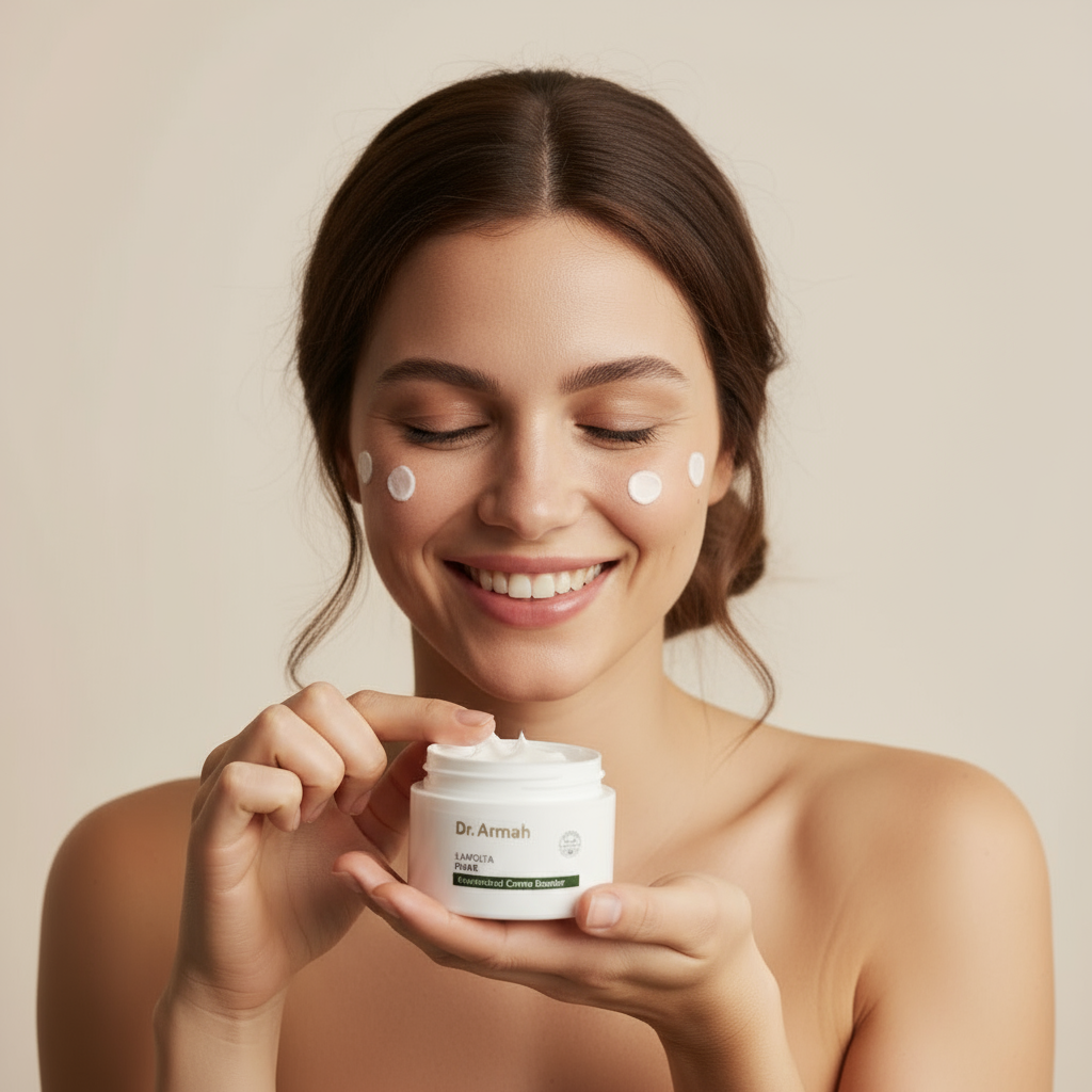 Eine glücklich lächelnde Frau mit zurückgebundenen Haaren blickt auf einen offenen Tiegel mit Gesichtscreme, den sie in ihren Händen hält. Sie hat bereits kleine weiße Cremetupfer auf ihren Wangen und nimmt mit einem Finger weitere Creme aus dem Tiegel.