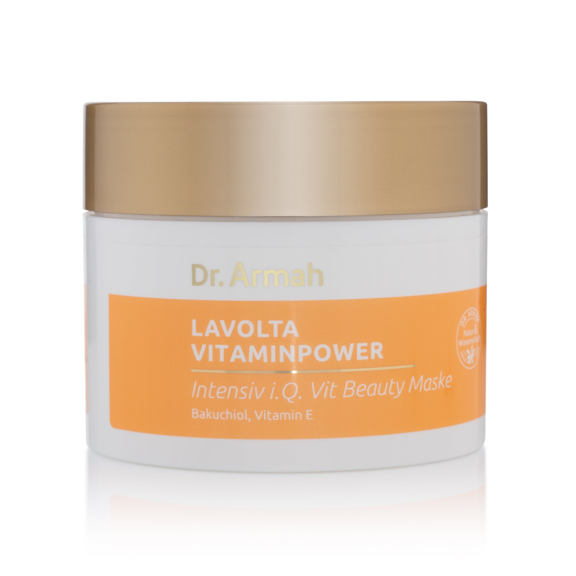 Weiße Dose der Dr. Armah Lavolta Vitaminpower Intensiv i.Q. Vit Beauty Maske mit Bakuchiol und Vitamin E, mit orangefarbenem Etikett und goldfarbenem Deckel, auf weißem Grund gespiegelt.