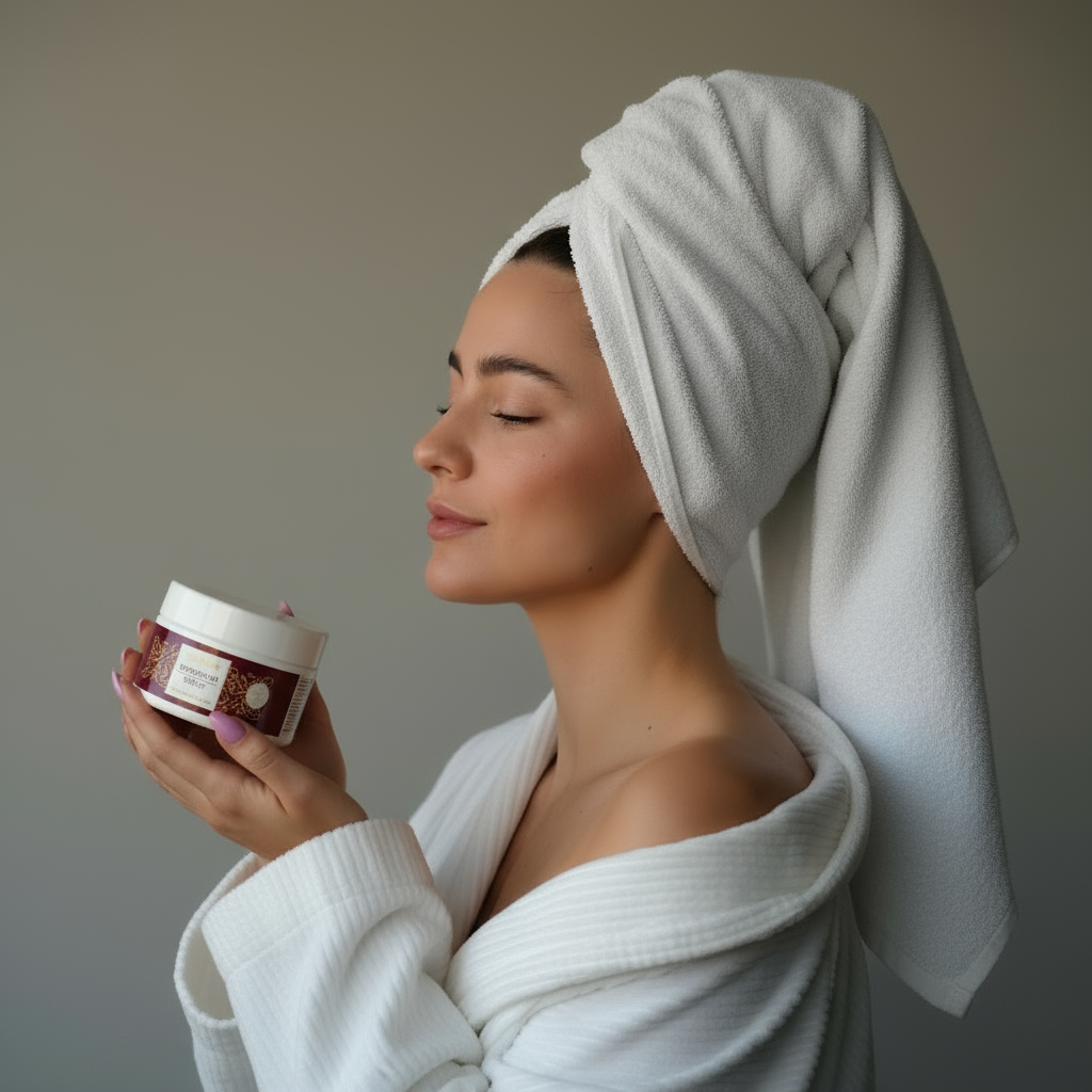 Eine entspannte Frau in einem weißen Bademantel und mit einem Handtuch-Turban auf dem Kopf hält mit geschlossenen Augen einen Tiegel mit einer Pflegecreme. Sie scheint den Duft des Produkts zu genießen und strahlt dabei Ruhe und Wohlbefinden aus.