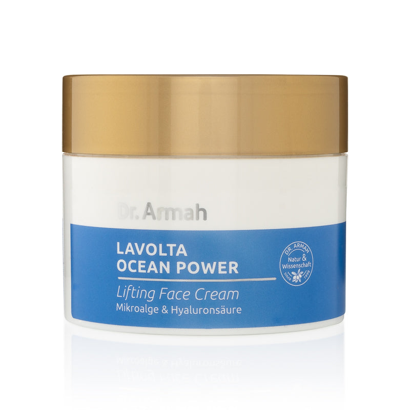 Dr. Armah LAVOLTA OCEAN POWER Lifting Face Cream im weißen Cremetiegel mit goldenem Deckel und blauem Etikett vor weißem Hintergrund.