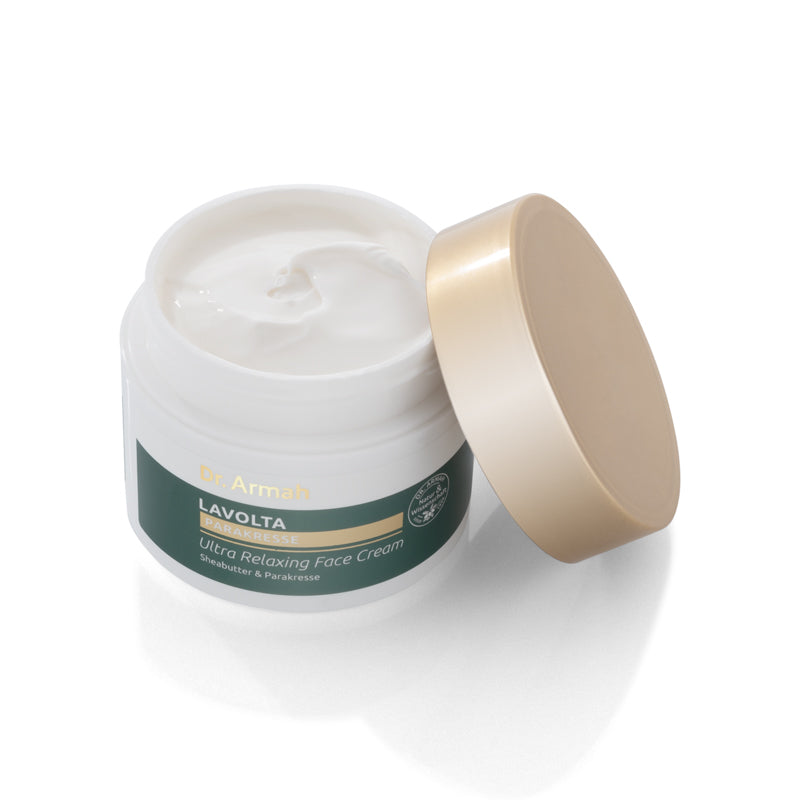 Geöffneter Tiegel der Dr. Armah Lavolta Parakresse Ultra Relaxing Face Cream mit Deckel (Open jar of Dr. Armah Lavolta Paracress Ultra Relaxing Face Cream with lid).