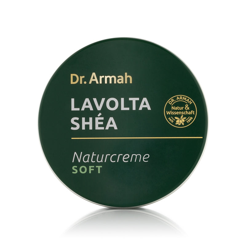 Ein 125ml Tiegel der Shea Natürlichen Hautcreme Soft, eine leichte und schnell einziehende Feuchtigkeitspflege mit Sheabutter.