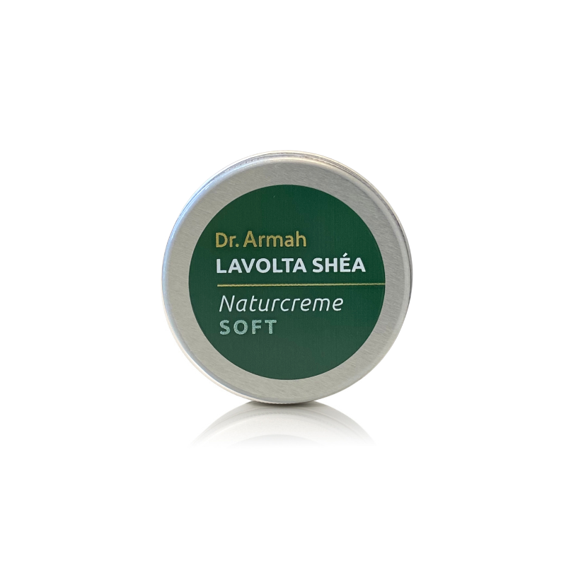 Ein 125ml Tiegel der Shea Natürlichen Hautcreme Soft, eine leichte und schnell einziehende Feuchtigkeitspflege mit Sheabutter.