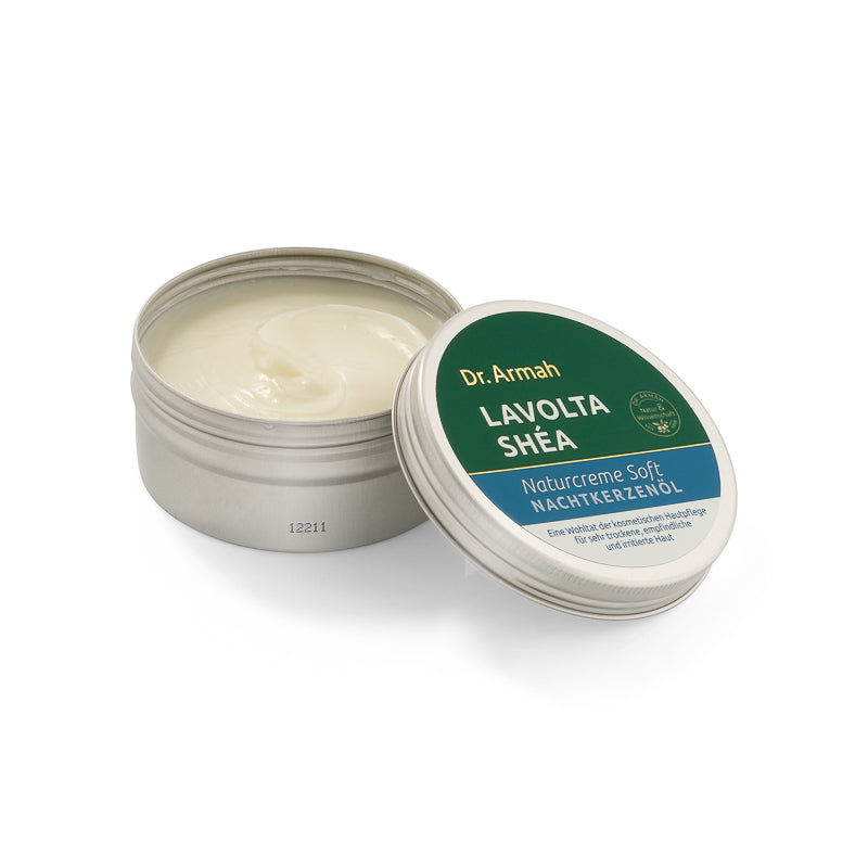 Geöffneter Tiegel der Dr. Armah Lavolta Shéa Naturcreme Soft Nachtkerzenöl mit Deckel (Open jar of Dr. Armah Lavolta Shéa Naturcreme Soft Evening Primrose Oil with lid).