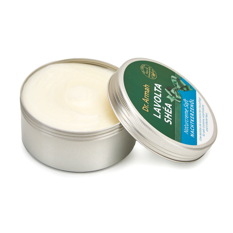 Geöffneter Tiegel der Dr. Armah Lavolta Shéa Naturcreme Soft Nachtkerzenöl (Schleifen-Design) (Open jar of Dr. Armah Lavolta Shéa Naturcreme Soft Evening Primrose Oil (Bow Design)).