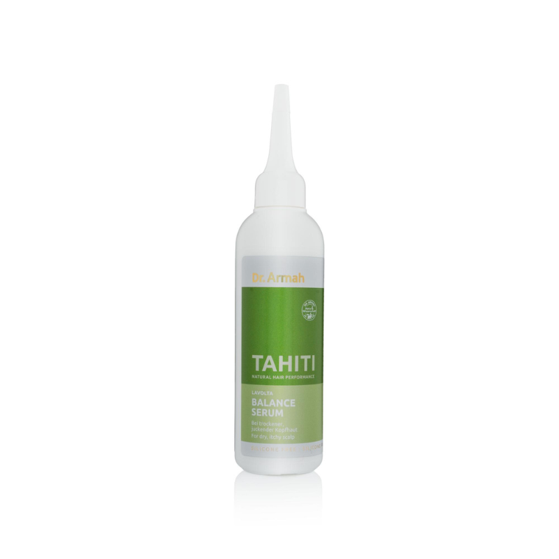 Eine Flasche des Dr. Armah Lavolta Tahiti Balance Serums, eine beruhigende Pflege zur Stärkung der Kopfhaut und zur Verbesserung des Mikrobioms.