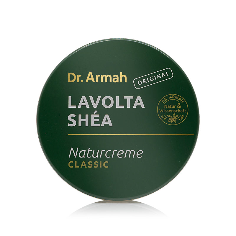 Deckelansicht der Dr. Armah Lavolta Shéa Naturcreme Classic in dunkelgrün mit weißer und goldener Schrift.