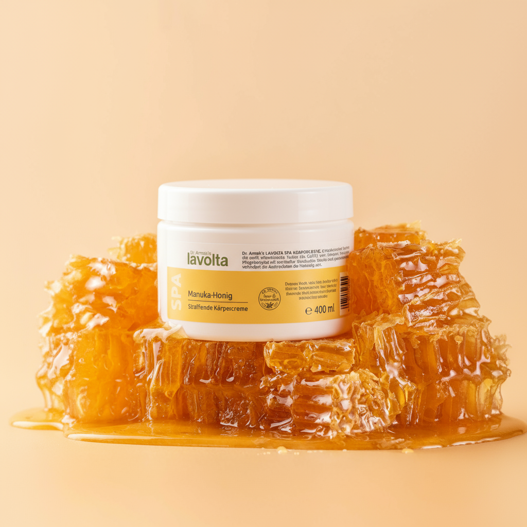 Ein Tiegel der "lavolta Manuka-Honig Körpercreme" ist auf und inmitten von Stücken frischer, goldener Honigwabe arrangiert. Der Honig tropft und sammelt sich am Boden vor einem warmen, pfirsichfarbenen Hintergrund.