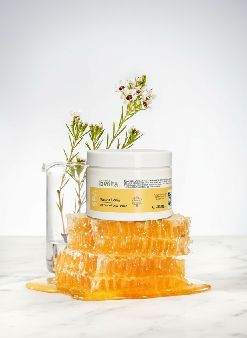 Ein stilvolles Arrangement des "lavolta Manuka-Honig Cremetiegels" auf einer Marmorfläche. Der Tiegel sitzt auf gestapelten Honigwaben, daneben steht ein gläsernes Becherglas mit einem Zweig weißer Blüten, was die natürlichen Inhaltsstoffe symbolisiert.