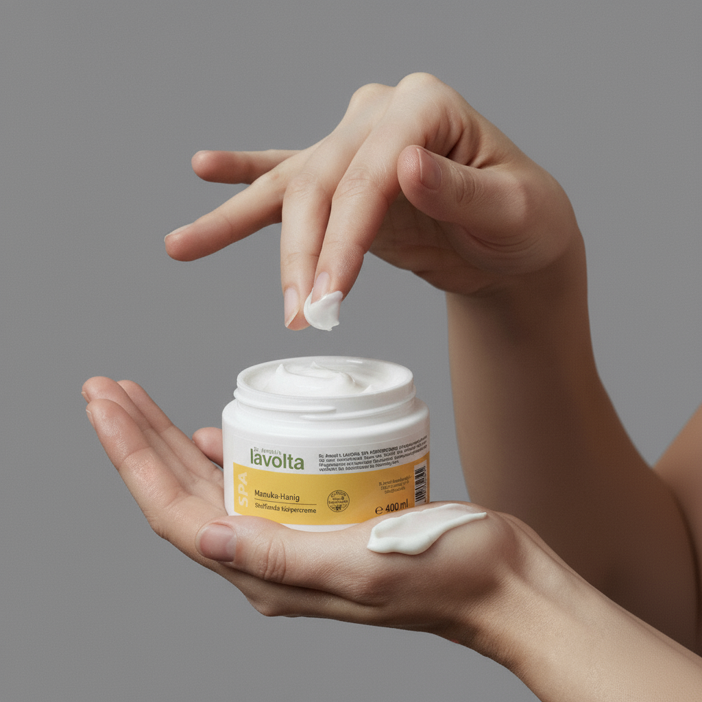 Die Hände einer Person präsentieren den geöffneten Tiegel der "lavolta Manuka-Honig Körpercreme". Ein Finger der oberen Hand hat soeben etwas von der weißen Creme entnommen, deren reichhaltige Textur deutlich sichtbar ist.