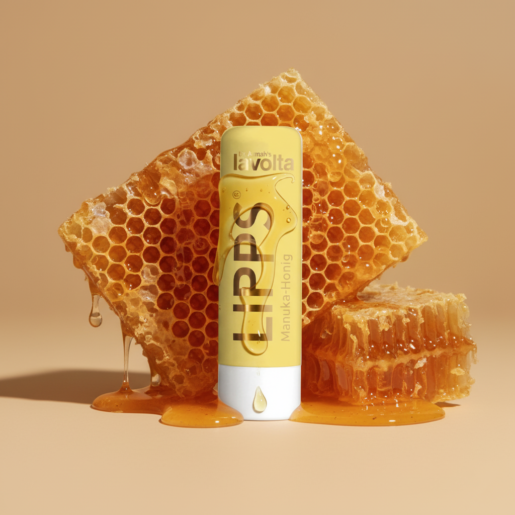 Eine stilisierte Produktaufnahme einer gelben Lippenbalsam-Tube mit der Aufschrift „LIPPS Manuka-Honig“, die aufrecht vor einem großen Stück Bienenwabe steht. Die Tube und die Bienenwabe befinden sich auf einer beigen Oberfläche, auf der Manuka-Honig tropft und sich sammelt. Ein kleineres Stück Bienenwabe befindet sich rechts von der Tube.