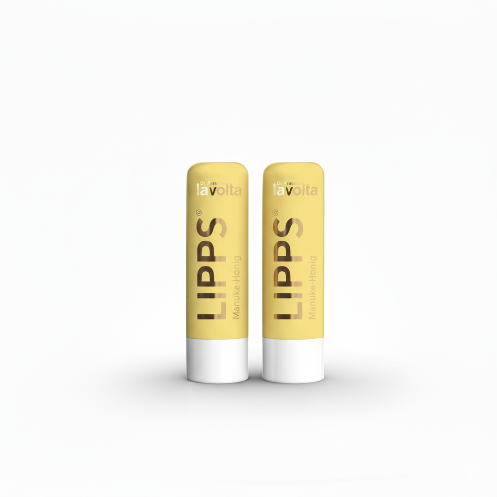 Eine Nahaufnahme einer Frau mit langen braunen Haaren, die einen weißen Bademantel trägt. Sie hält eine gelbe Lippenbalsam-Tube an ihren Mund, als würde sie ihn auftragen. Ihr Blick ist nach rechts gerichtet.