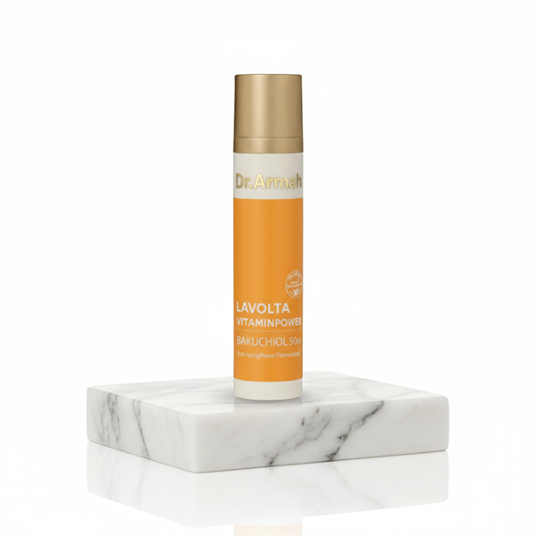 Lavolta Bakuchiol Serum Visual – hochwertige Produktvisualisierung mit Glasflasche auf hellem Hintergrund