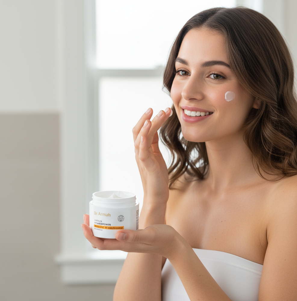 Eine lächelnde Frau trägt die Dr. Armah LAVOLTA VITAMINPOWER Intensiv i.Q. Vit Gesichtscreme auf ihre Wange auf, während sie den geöffneten Tiegel in der anderen Hand hält.