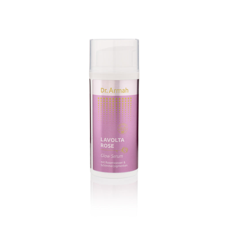 Dr. Armah LAVOLTA ROSE Glow Serum in einem Spenderflakon mit rosa Etikett vor weißem Hintergrund.