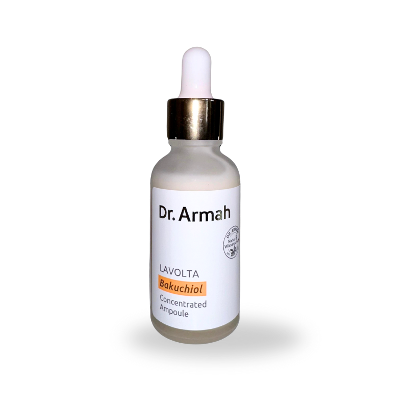 Ein professionelles Produktfoto eines matten Glasfläschchens mit einem Pipettenverschluss vor einem weißen Hintergrund. Das weiße Etikett trägt die Aufschrift "Dr. Armah LAVOLTA Bakuchiol Concentrated Ampoule".