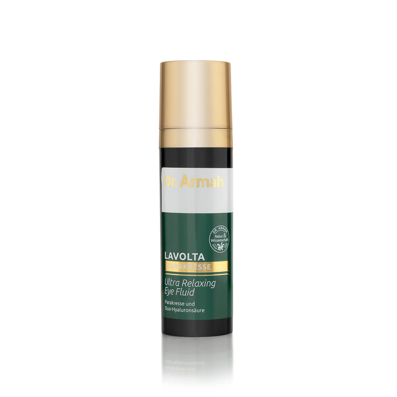 Eine Flasche des Dr. Armah Lavolta Ultra Relaxing Eye Fluids, eine glättende Augenpflege mit Spilanthol aus der Parakresse zur Reduzierung von Mimikfalten.