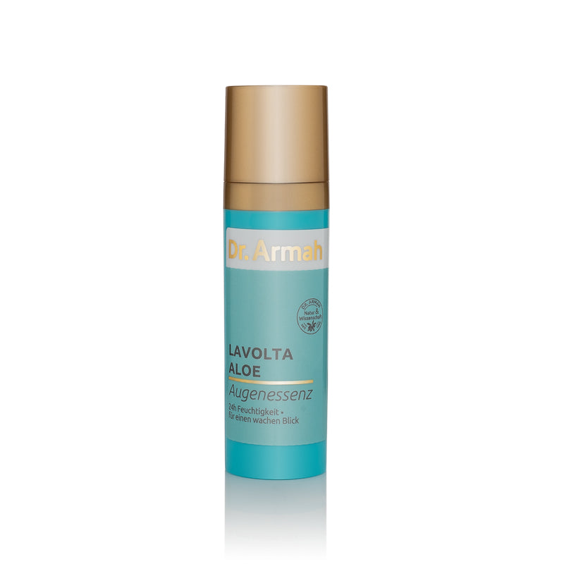 Eine Flasche der Dr. Armah Lavolta Aloe Augenessenz, ein 360°-Augenserum mit Beautifeye™ zur Straffung von Schlupflidern und Milderung von Augenringen.