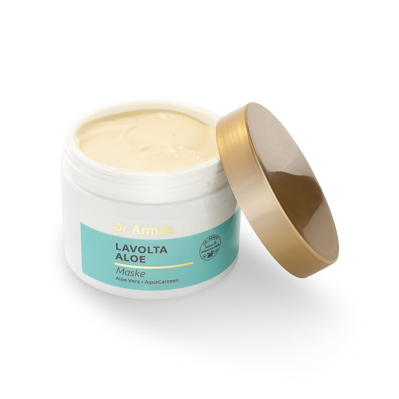 Eine Tube oder ein Tiegel der Dr. Armah Lavolta Aloe Maske, eine feuchtigkeitsspendende und regenerierende Gesichtsmaske für fahle Haut.
