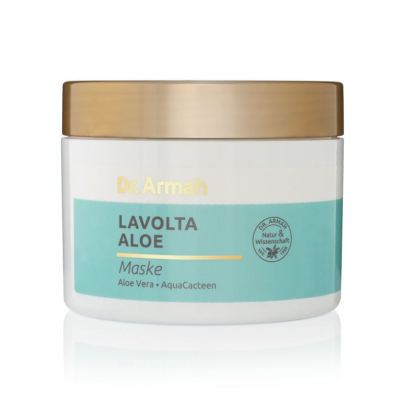 Eine Tube oder ein Tiegel der Dr. Armah Lavolta Aloe Maske, eine feuchtigkeitsspendende und regenerierende Gesichtsmaske für fahle Haut.