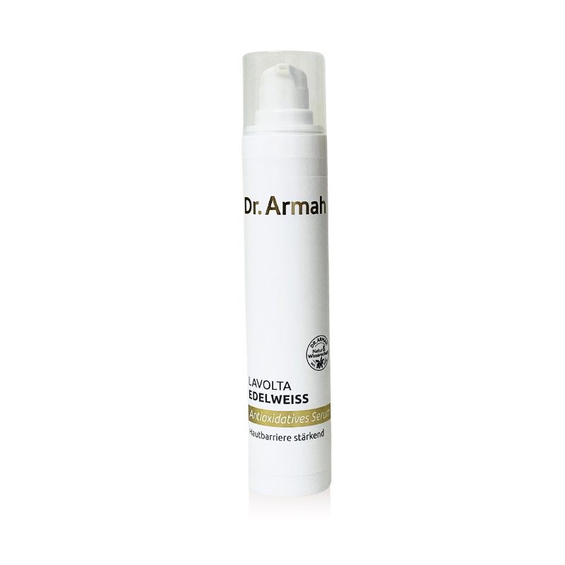 Eine 50ml-Flasche des Lavolta Edelweiss Antioxitativen Serums, ein hochkonzentrierter Schutz vor freien Radikalen und umweltbedingtem Stress.