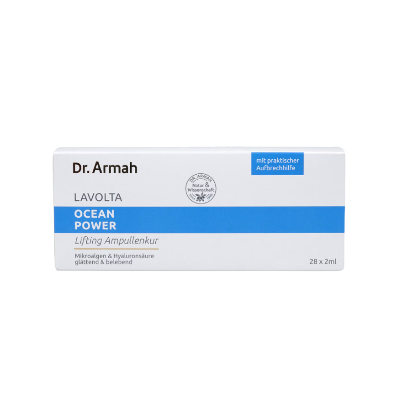 Die Ocean Power Lifting Ampullenkur, ein Set aus 28 Glasampullen à 2 ml für eine intensive, straffende Hautpflegebehandlung über 4 Wochen.
