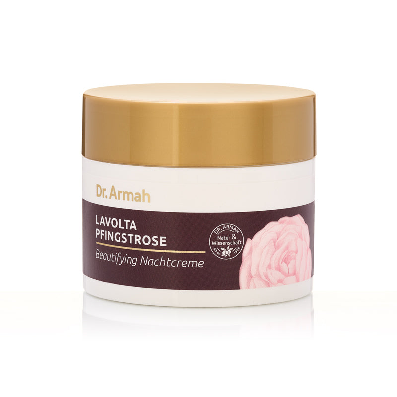 Ein Tiegel der Dr. Armah Lavolta Pfingstrose Beautifying Nachtcreme, eine regenerierende Anti-Aging-Pflege für die Nacht.                                                                  