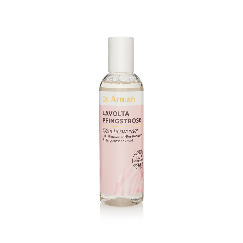 Eine Flasche des Dr. Armah Lavolta Pfingstrose Gesichtswassers, ein sanfter, alkoholfreier Toner mit Rosenwasser für empfindliche Haut.