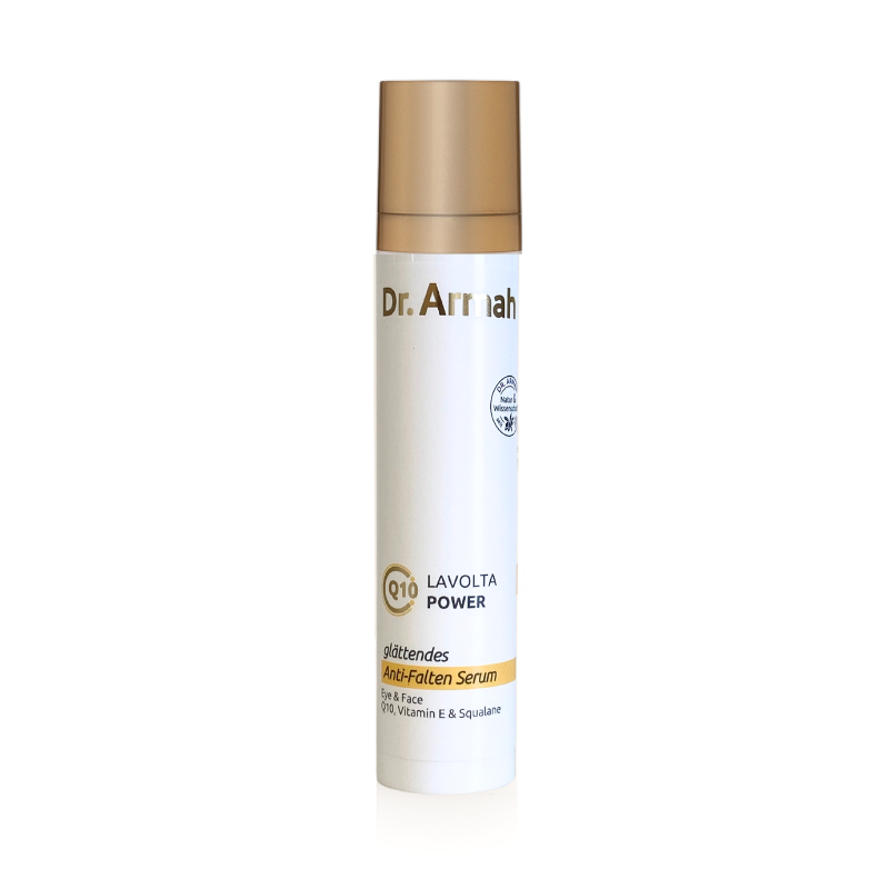 Eine 50ml-Flasche des Lavolta Q10 Power glättenden Anti-Falten Serums, ein energiespendendes Konzentrat zur Reduzierung von Falten.