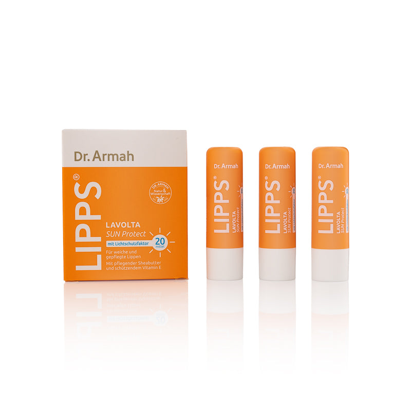 Der Dr. Armah Lavolta SUN Protect LIPPS Lippenpflegestift, ein nährender Balsam mit LSF 20, Sheabutter und Vitamin E.