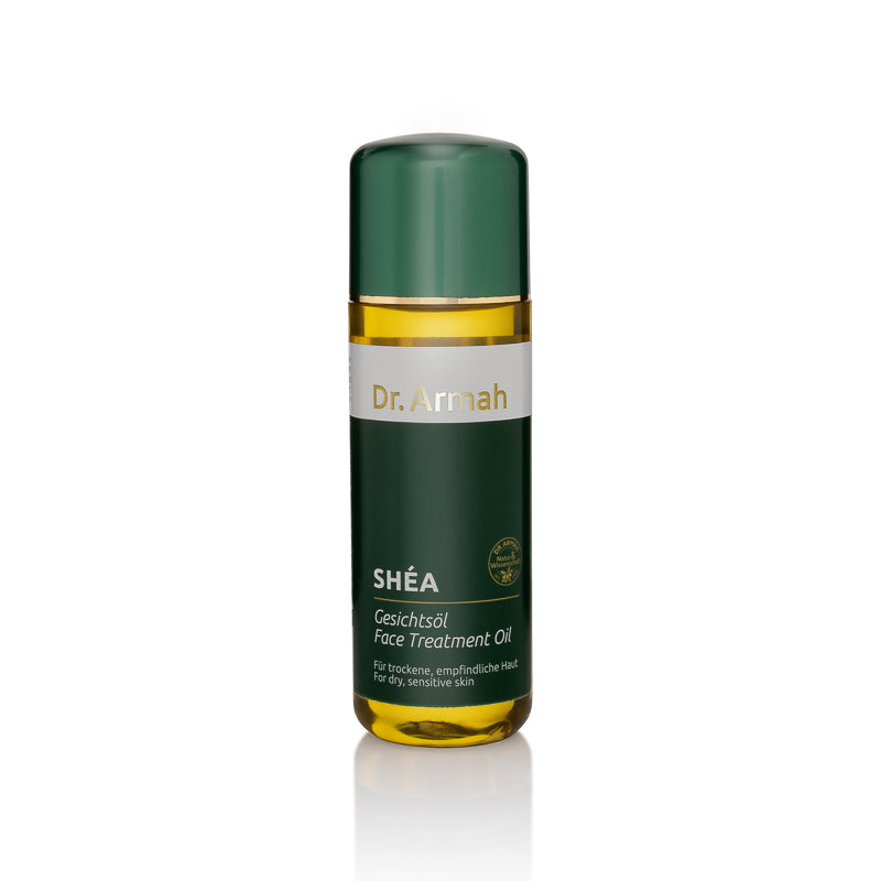 Eine 100ml-Flasche des Shea Gesichtsöls, ein nährendes und reparierendes Gesichts-Elixier zur Wiederherstellung eines gesunden Hautglanzes.