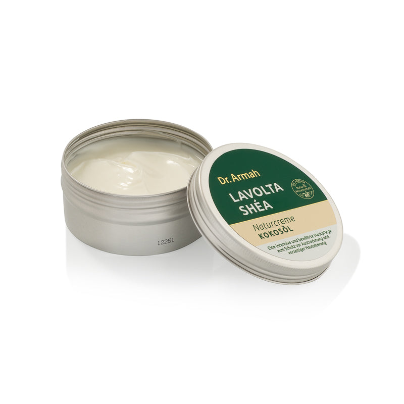 Ein 125ml Tiegel der Shea Natürlichen Hautcreme, eine reichhaltige Feuchtigkeitspflege mit Sheabutter und Kokosöl für trockene Haut.