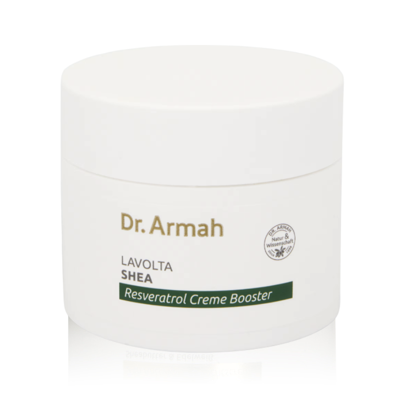 Ein 150ml Tiegel der Shea Resveratrol Creme, eine Anti-Aging-Pflege, die Sheabutter und Resveratrol für eine straffere, geschützte Haut kombiniert.