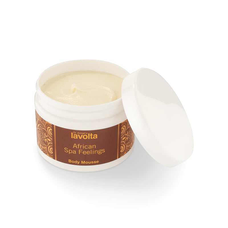Ein Tiegel des "African Feelings" Body Mousse von Dr. Armah, eine beruhigende und nährende Körperpflege mit Sheabutter und Mandelöl für ein Spa-Erlebnis.
