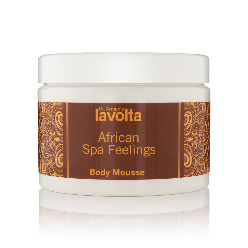 Ein Tiegel des "African Feelings" Body Mousse von Dr. Armah, eine beruhigende und nährende Körperpflege mit Sheabutter und Mandelöl für ein Spa-Erlebnis.
