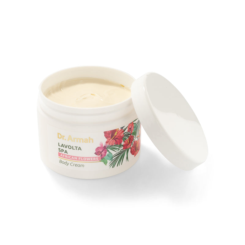 Ein Tiegel der Dr. Armah "African Flowers" Body Cream, eine reichhaltige, exotisch duftende Körperpflege mit Sheabutter und wertvollen Pflanzenölen.