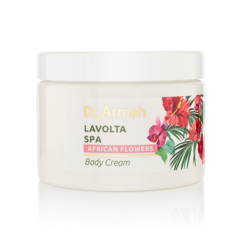 Ein Tiegel der Dr. Armah "African Flowers" Body Cream, eine reichhaltige, exotisch duftende Körperpflege mit Sheabutter und wertvollen Pflanzenölen.
