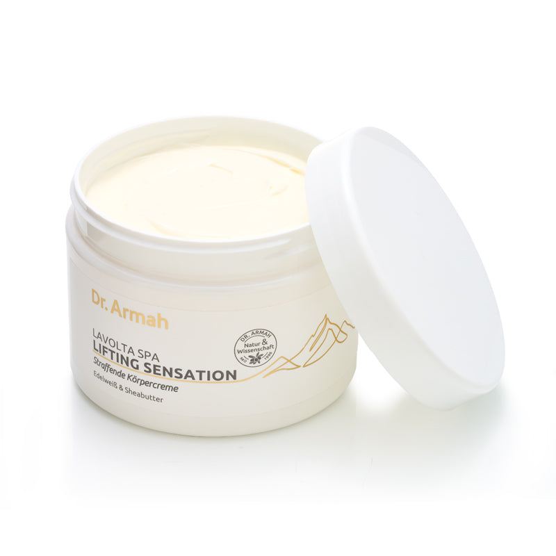 Ein Tiegel der Dr. Armah "Lifting Sensation" straffenden Körpercreme, eine Anti-Aging-Pflege mit Edelweiss, Sheabutter und Q10.