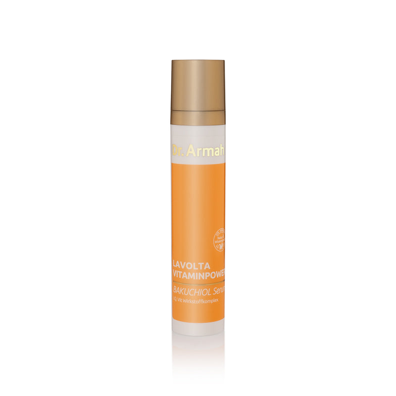 Eine Flasche des Dr. Armah Vitaminpower Bakuchiol Serums, eine natürliche Retinol-Alternative zur Faltenmilderung und Hautbildverfeinerung.