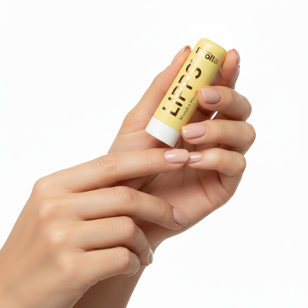 Eine Nahaufnahme der Hände einer Person, die eine gelbe Lippenbalsam-Tube  mit Manuka-Honig Lippenbalsam hält. Die Person hat helle Haut und gepflegte Fingernägel mit einer natürlichen Nagellackfarbe. Der Fokus liegt auf dem Produkt und den Händen, die die Tube aufrecht vor einem weißen Hintergrund halten.