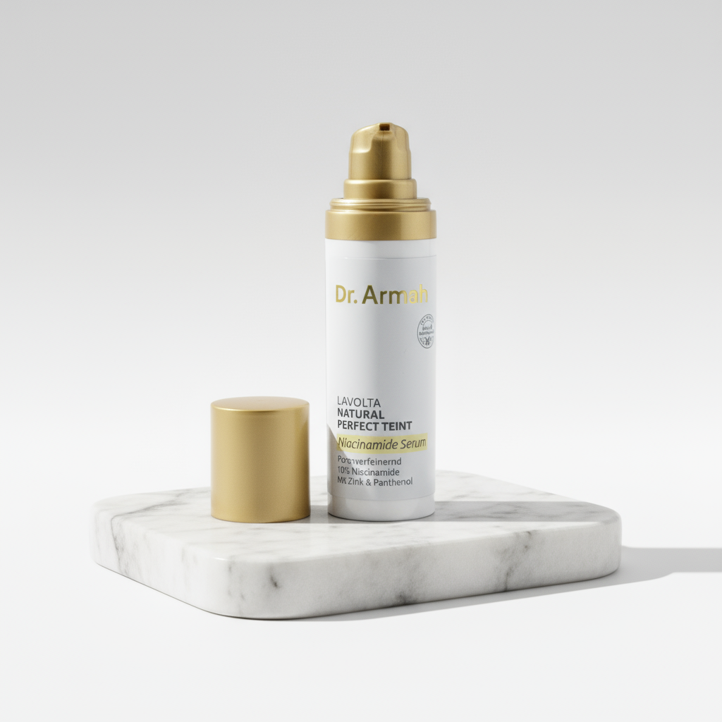 Dr. Armah - Lavolta Natural Perfect Teint - Niacinamide Serum auf Marmor. Optimiert Hautbild mit 10% Niacinamid und Zink Komplex.